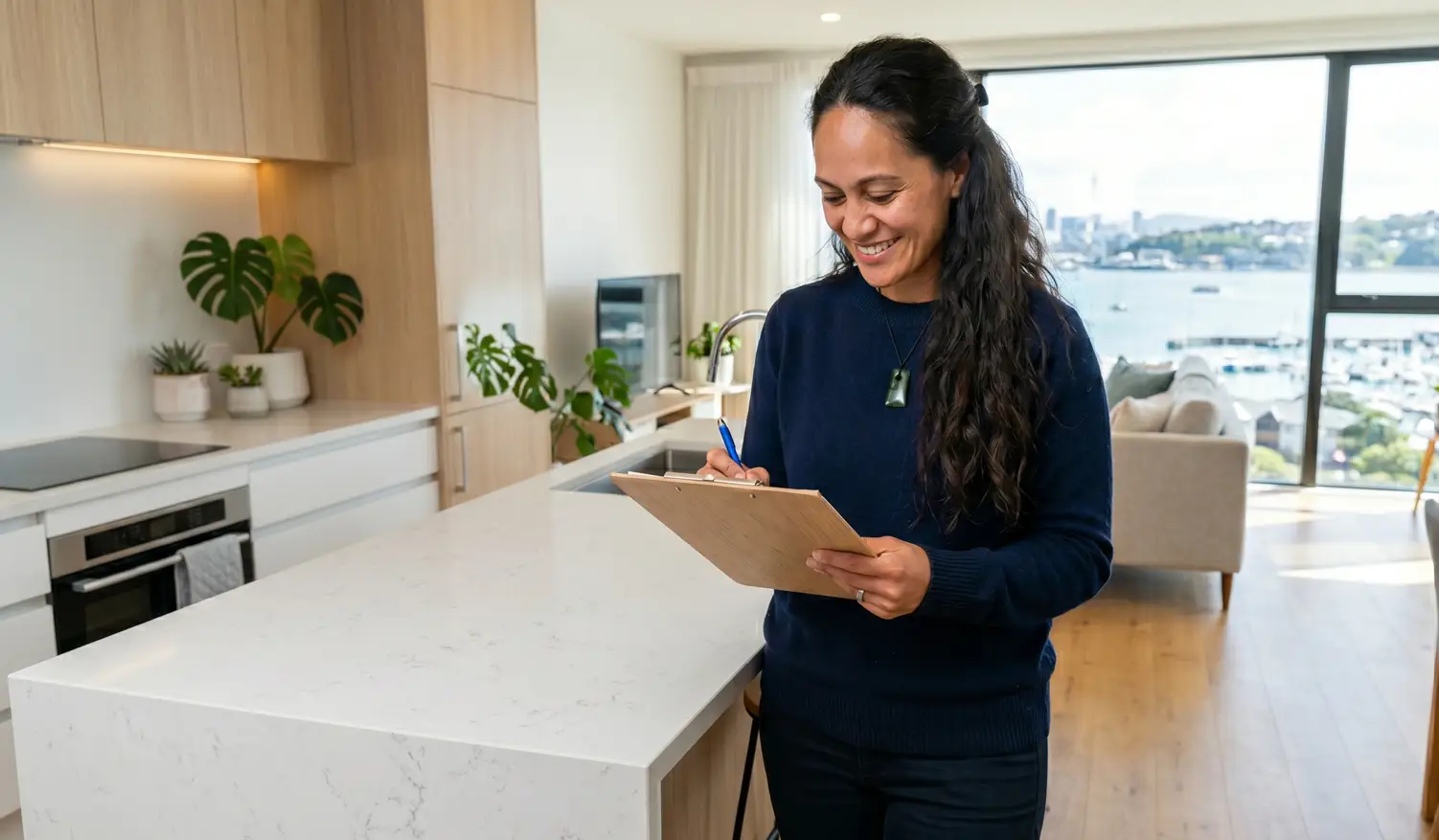 A Spruce cleaner with a checklist in an Auckland apartment kitchen