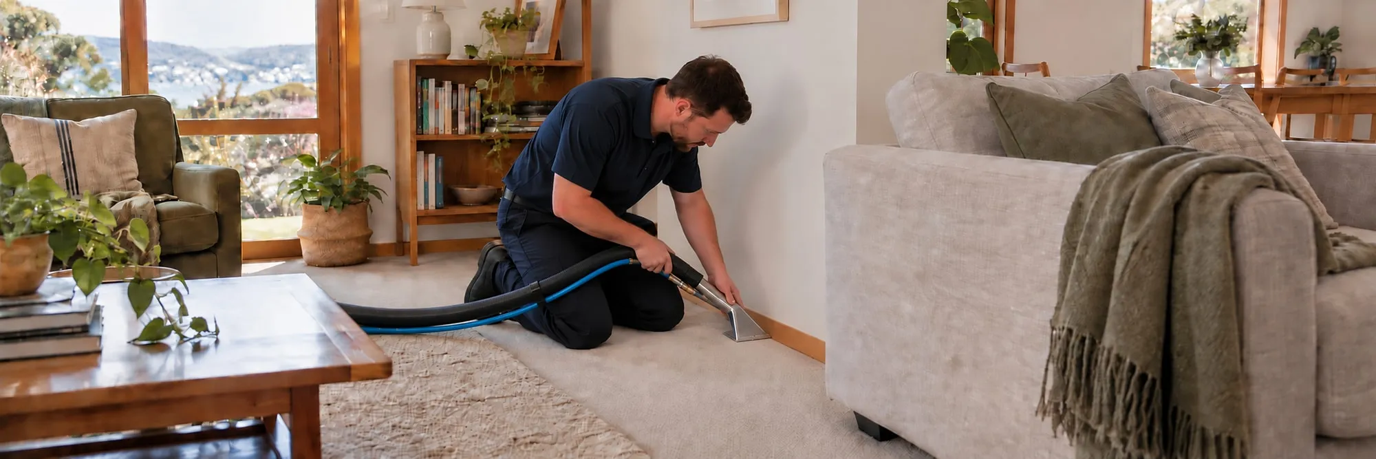 A Spruce cleaner using an extraction wand on the wool carpet edge behind a pulled-back sofa in a New Zealand living room