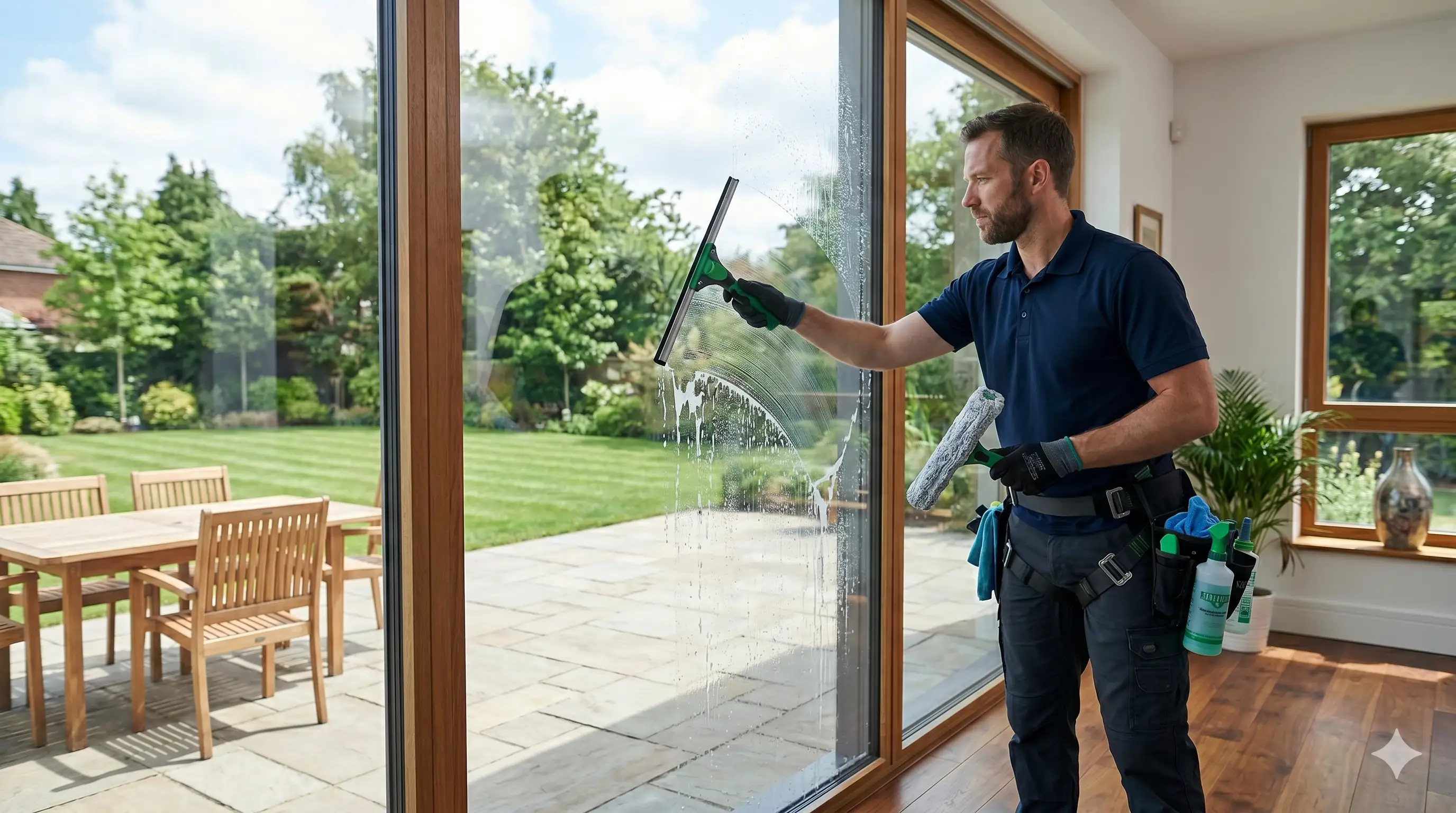 A Spruce window cleaner drying a pane to a streak-free finish in an Auckland home