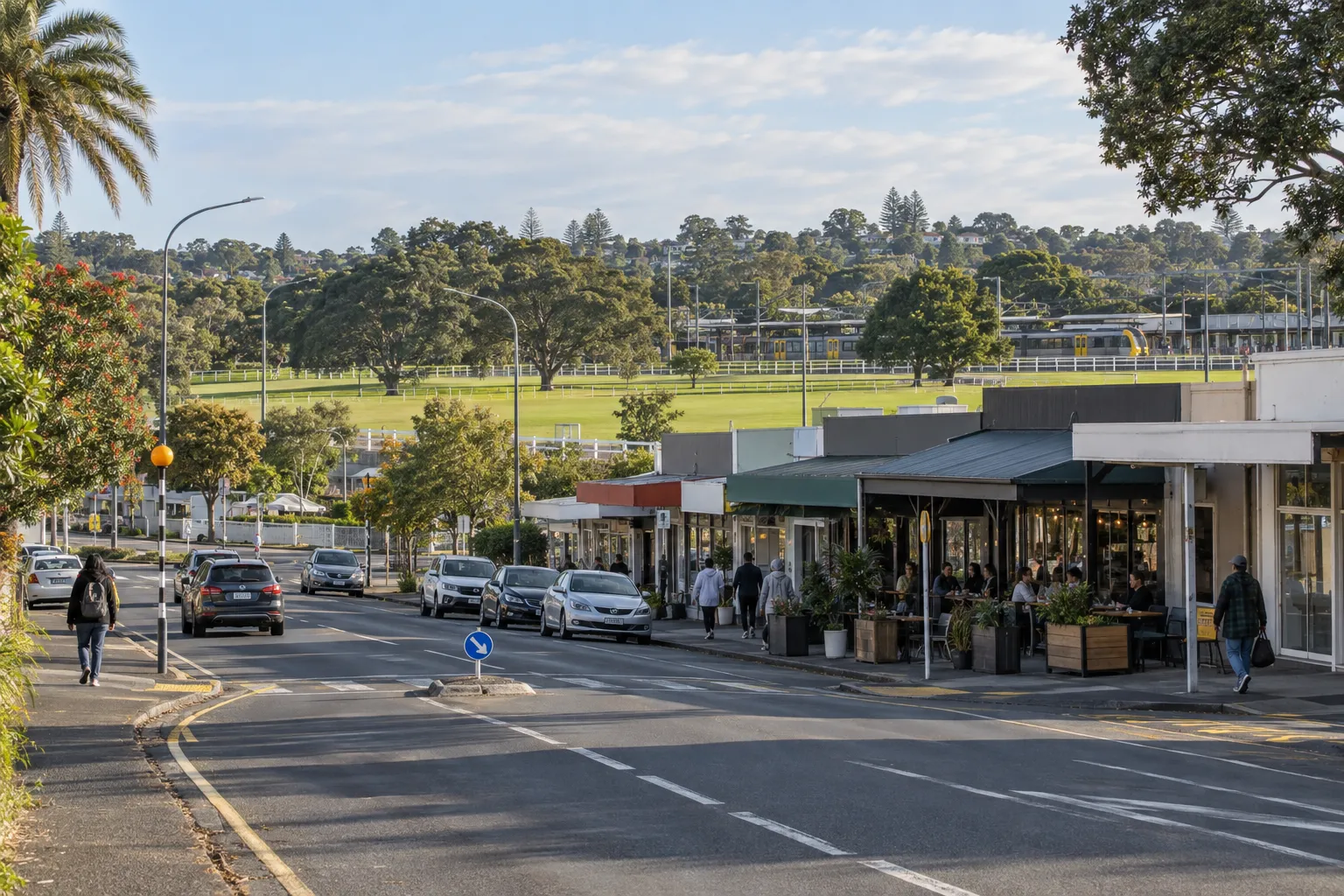 Avondale village shops and transport beside the green racecourse grounds