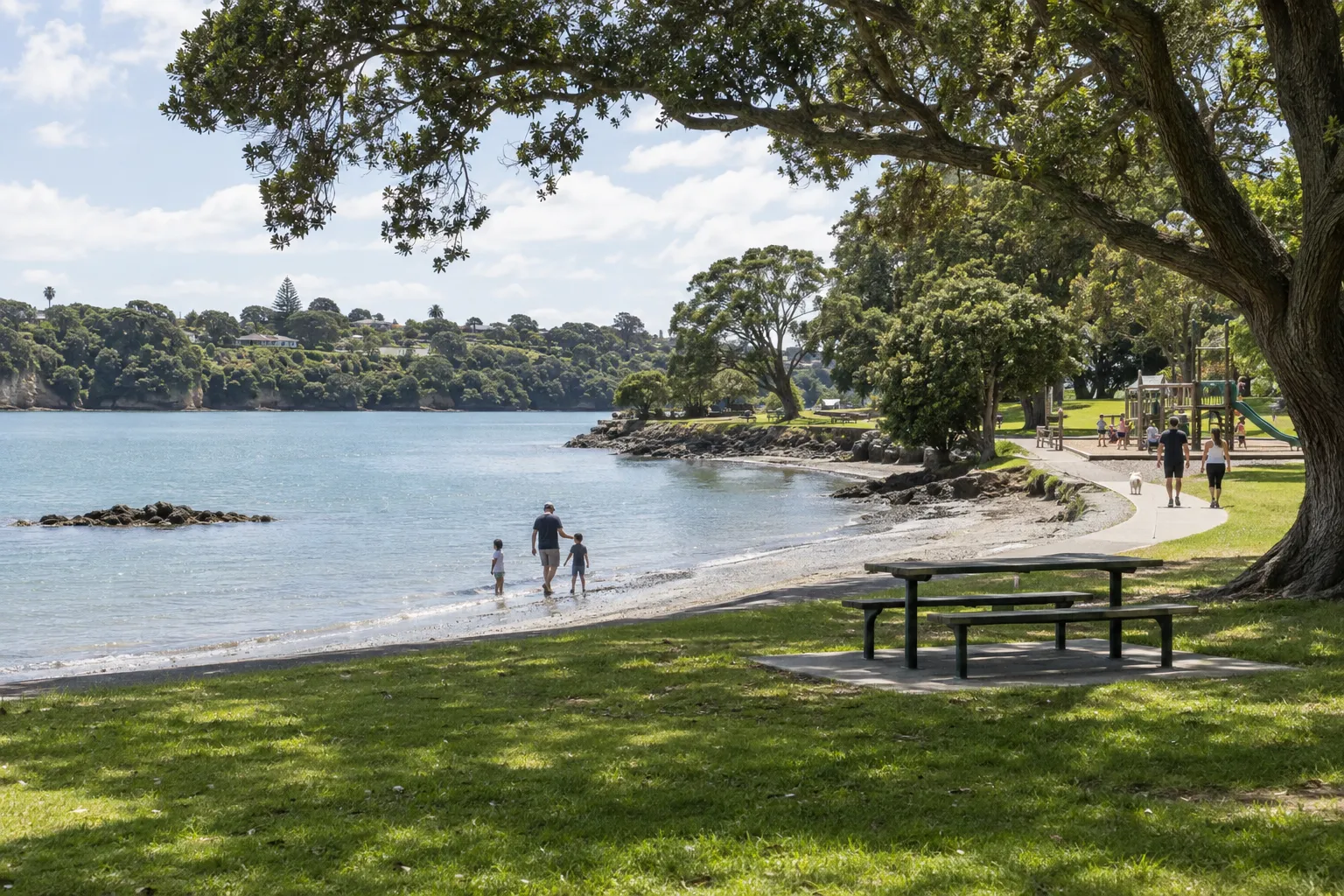 Grassy reserve, playground and sheltered cove at Blockhouse Bay Beach