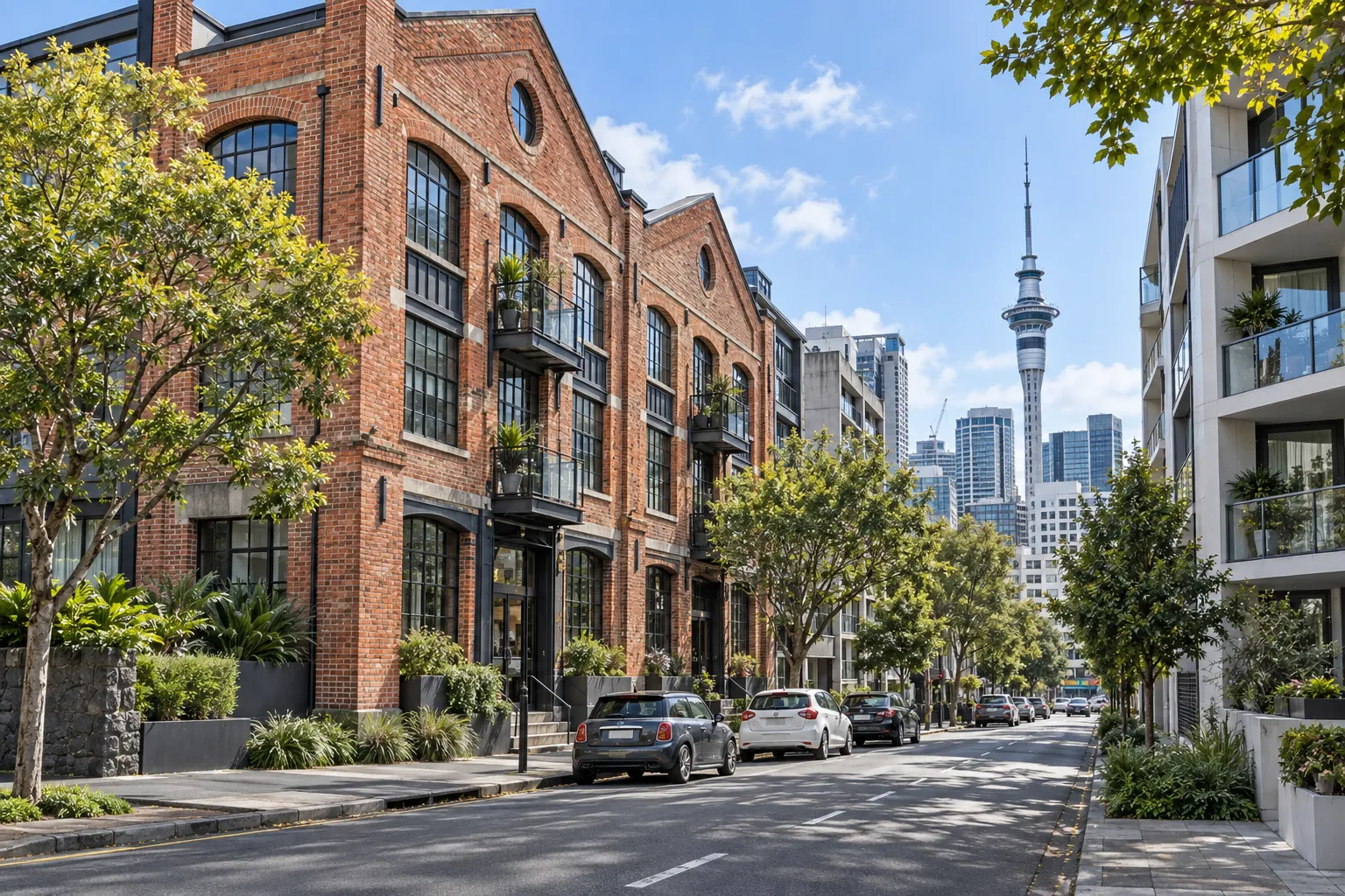 Converted red-brick loft apartments and modern homes on a leafy Auckland CBD street near the Sky Tower