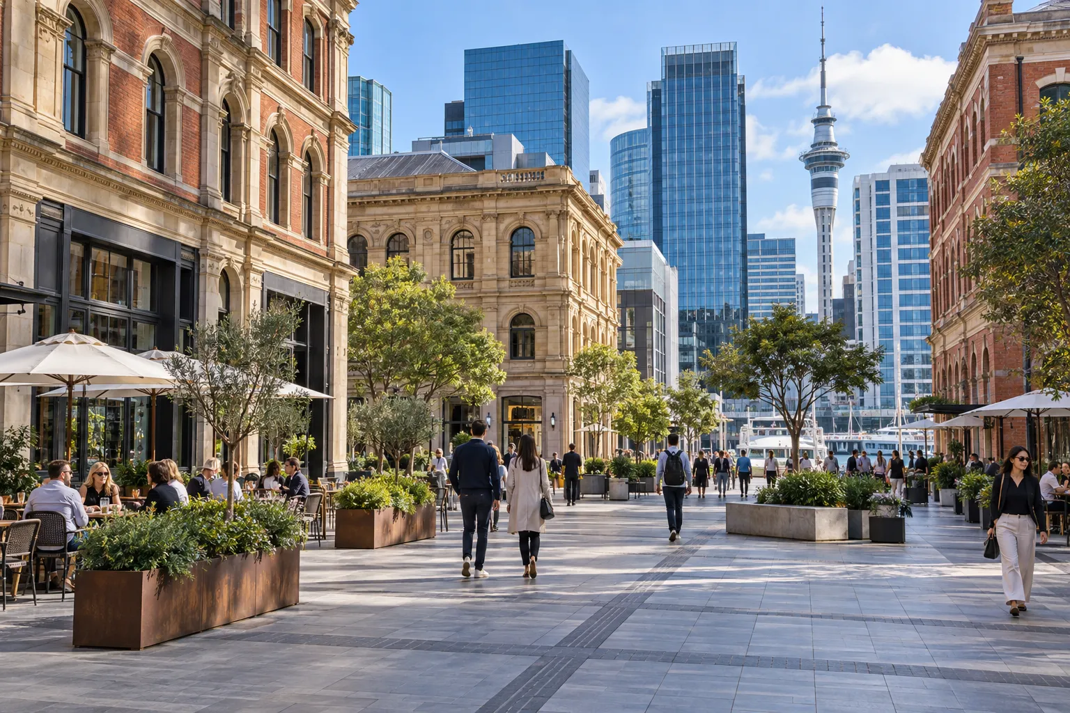Pedestrians and cafes among restored heritage buildings in Auckland CBD's Britomart precinct