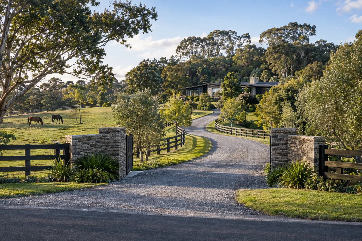Modern country home reached by a long driveway across a Coatesville lifestyle estate