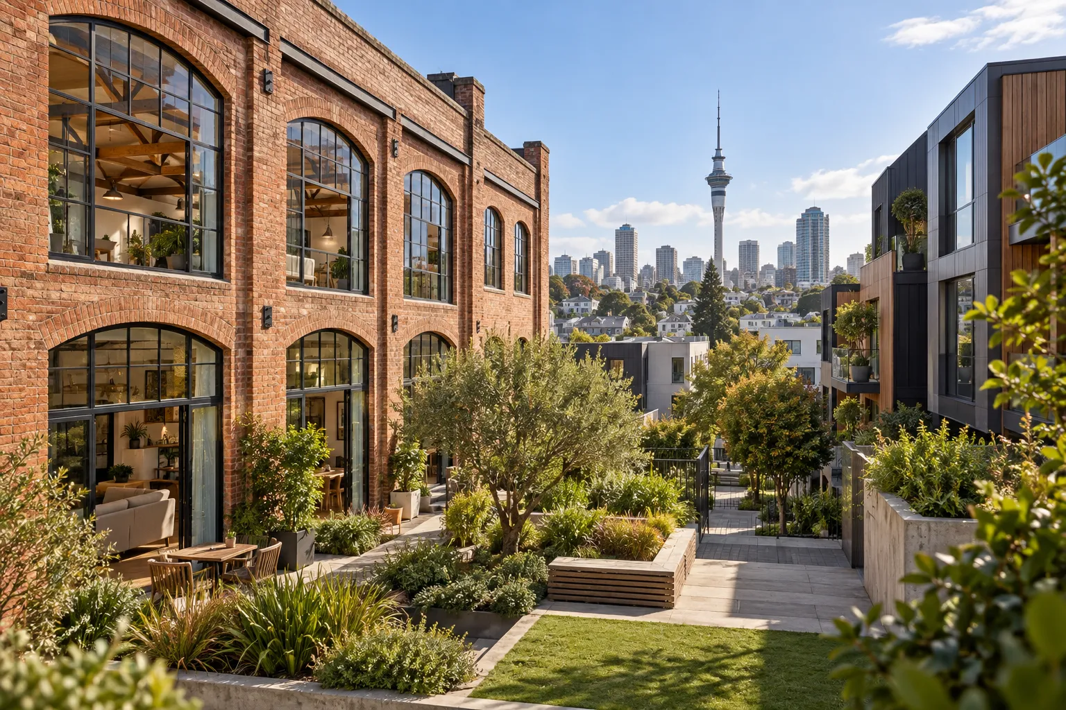 Converted brick loft apartments and a landscaped courtyard with the Auckland skyline beyond in Eden Terrace