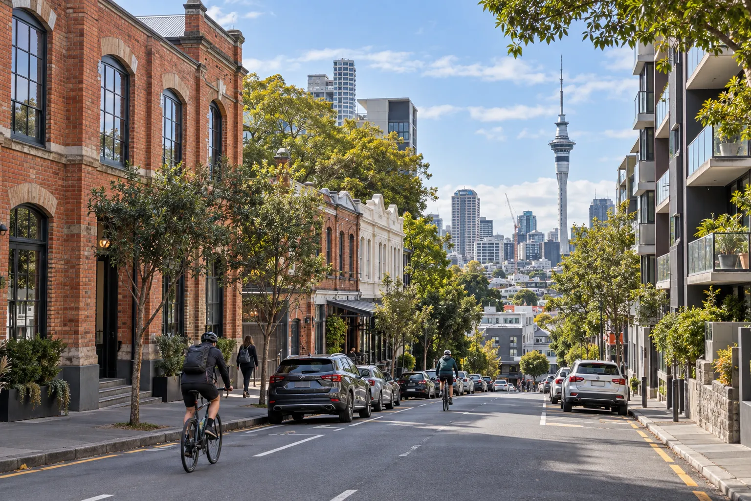 Converted brick buildings and modern apartments on a tree-lined street in Eden Terrace