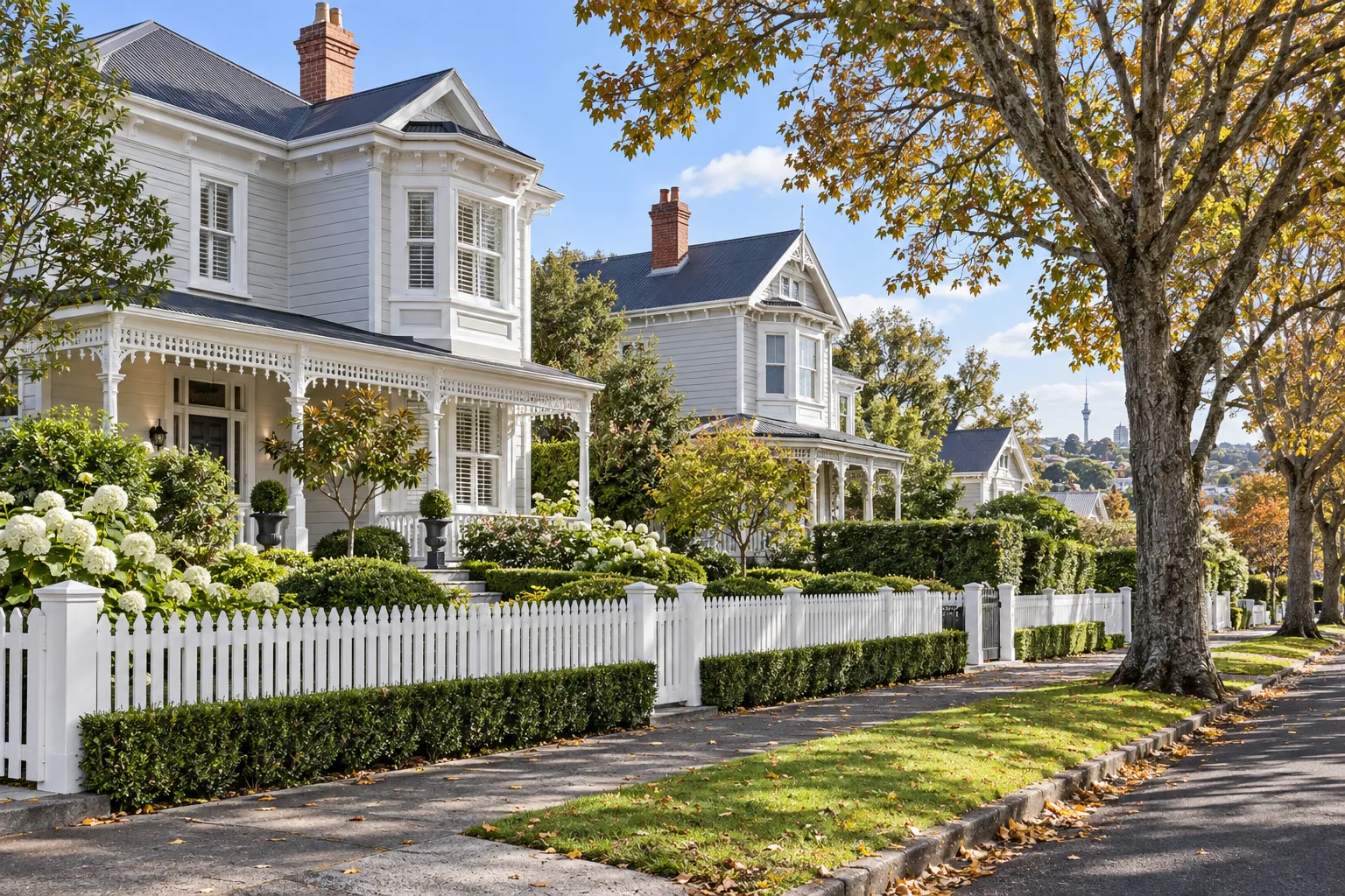 Grand weatherboard villas behind picket fences on a tree-lined Epsom street
