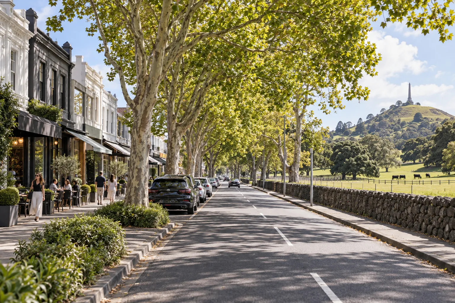 Tree-lined Manukau Road beside Cornwall Park with cafes and Maungakiekie in Epsom