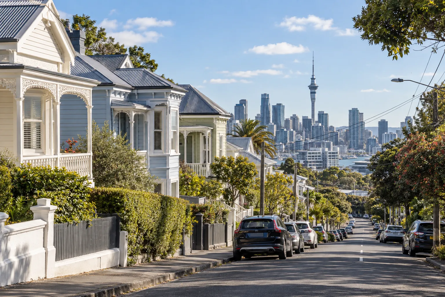 Heritage villas lining a sloping Freemans Bay street with Auckland's city skyline beyond