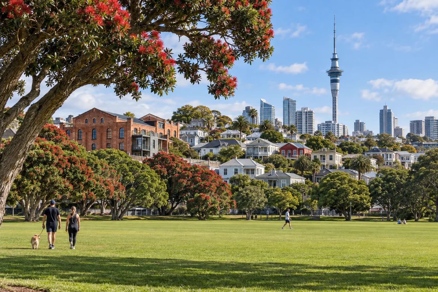 Victoria Park framed by flowering pōhutukawa, Freemans Bay homes and the Auckland skyline