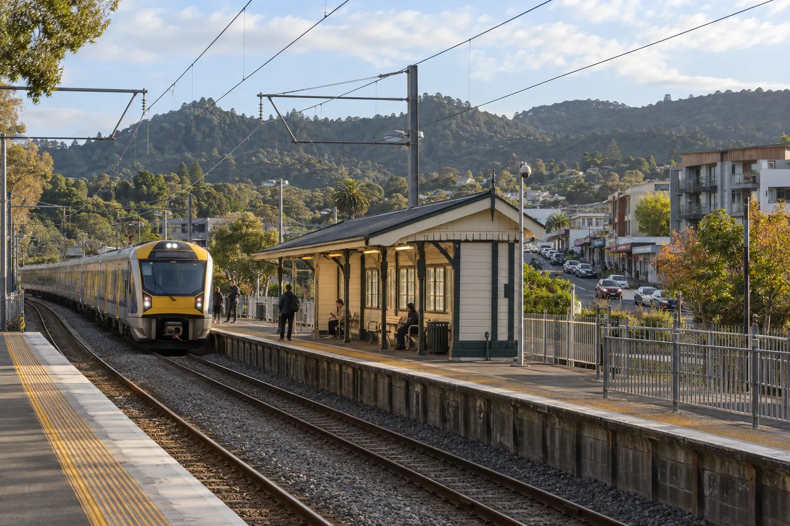 Electric train arriving at Glen Eden station below the Waitākere foothills