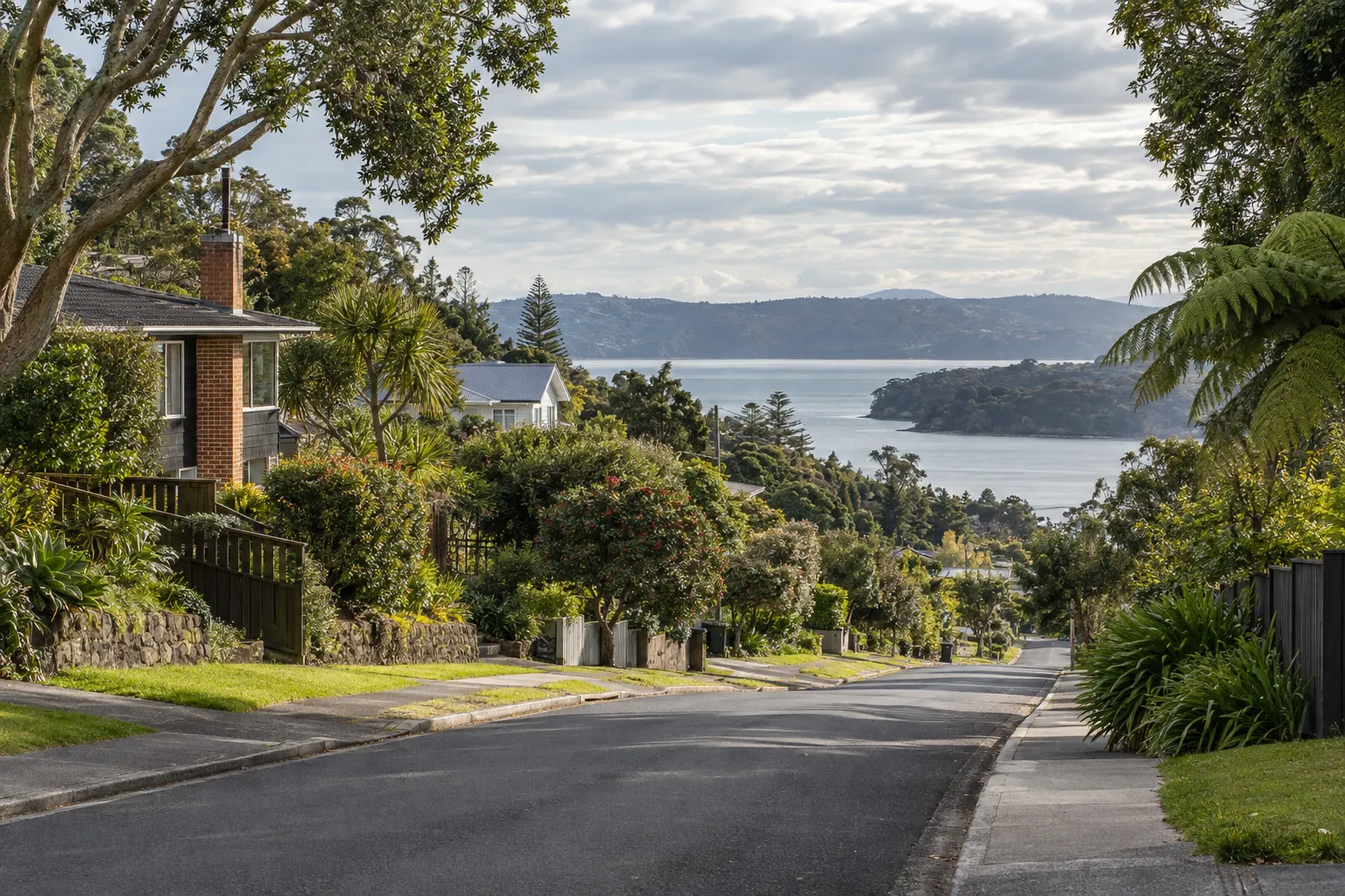 Leafy Green Bay street descending toward the Manukau Harbour