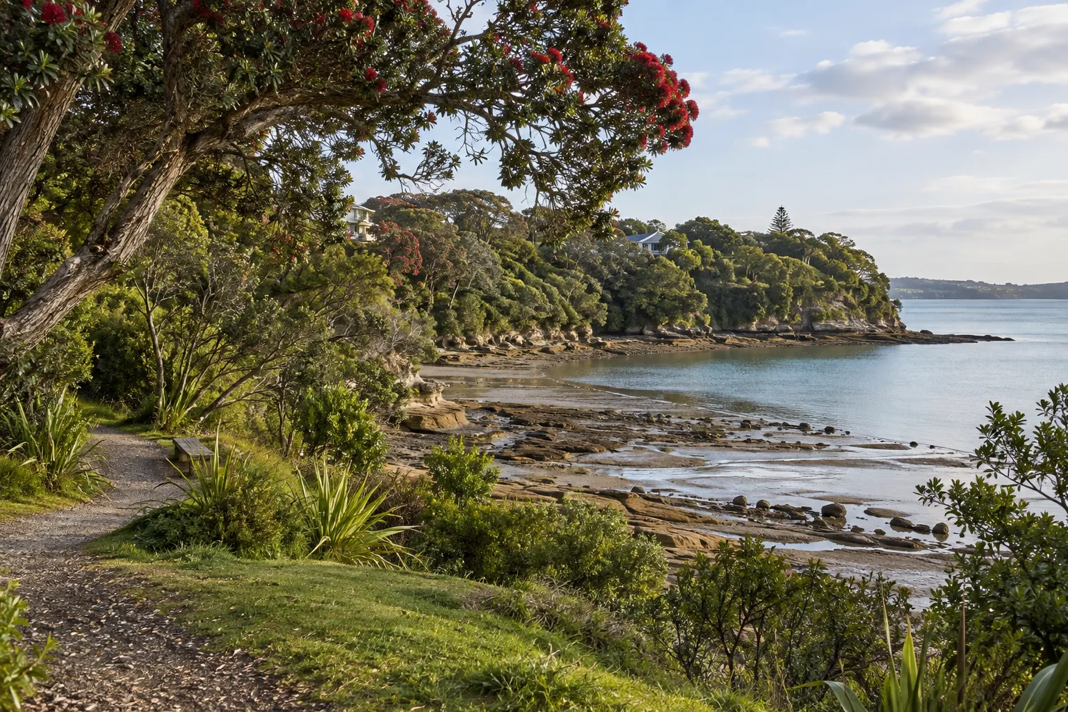 Pōhutukawa-framed coastal track beside the tidal Manukau Harbour at Green Bay