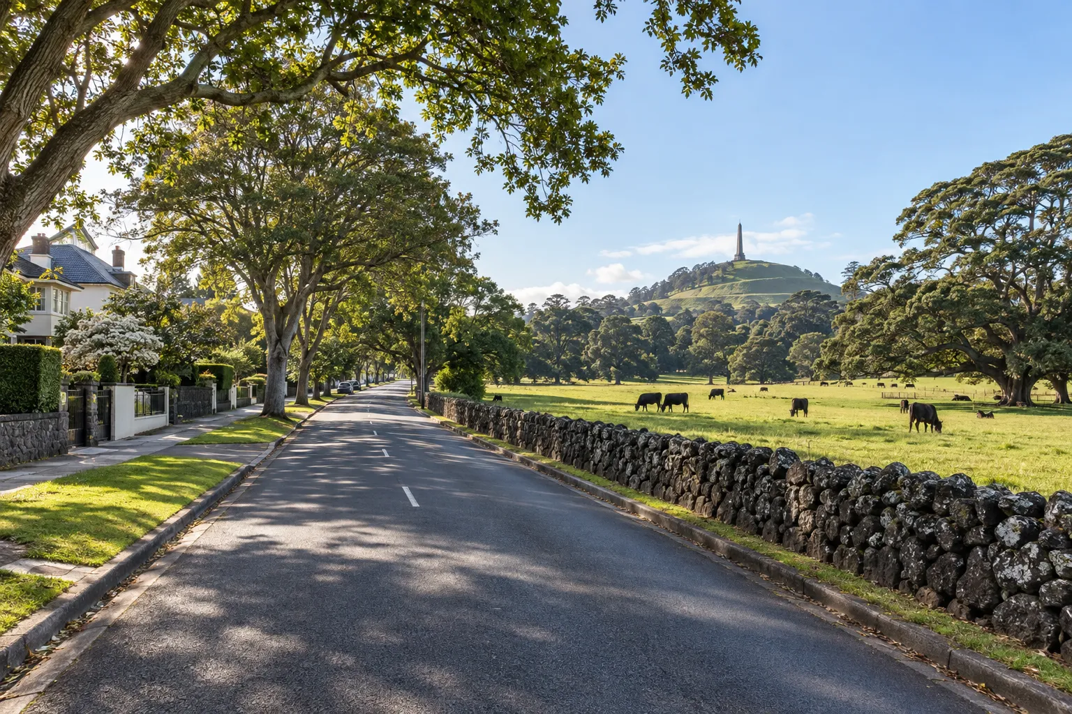 Cornwall Park pasture, grazing cattle and Maungakiekie beside a tree-lined Greenlane road