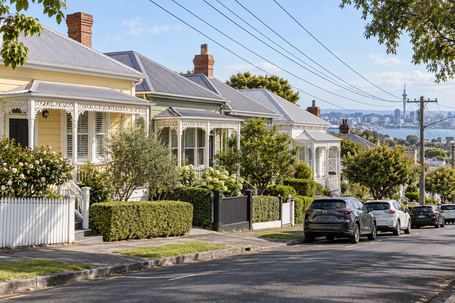 Weatherboard villas with decorative verandahs on a sloping residential street in Grey Lynn