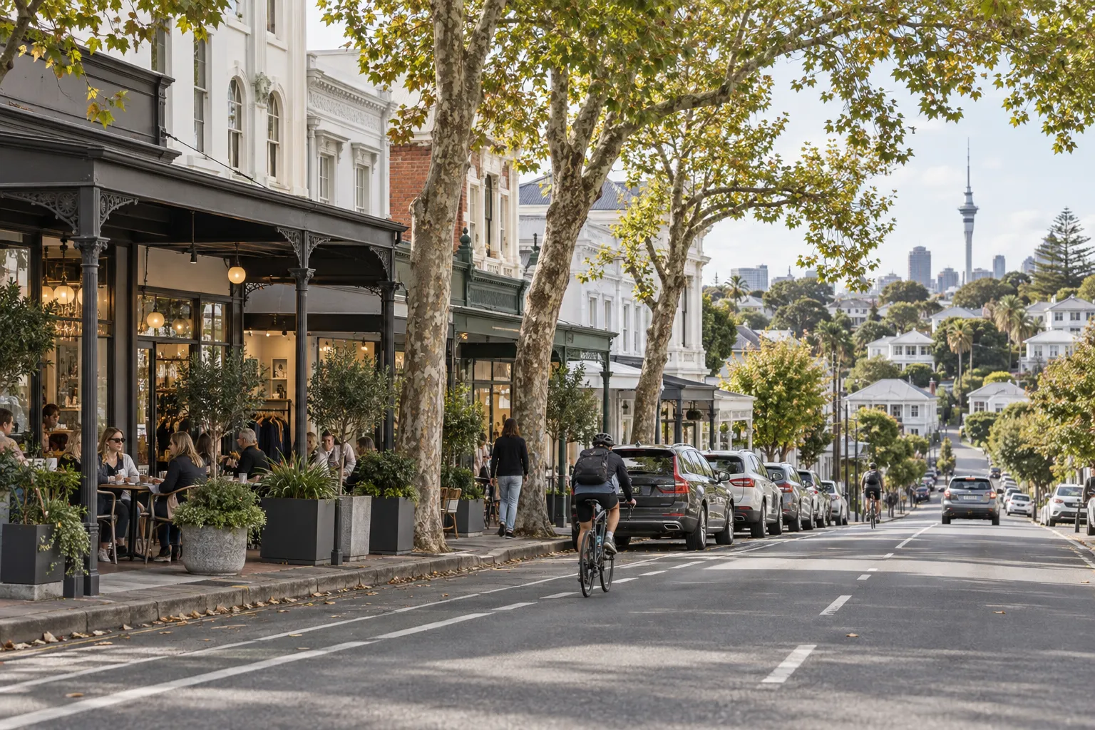 Tree-lined Grey Lynn village street with heritage shopfronts, cafes and cyclists