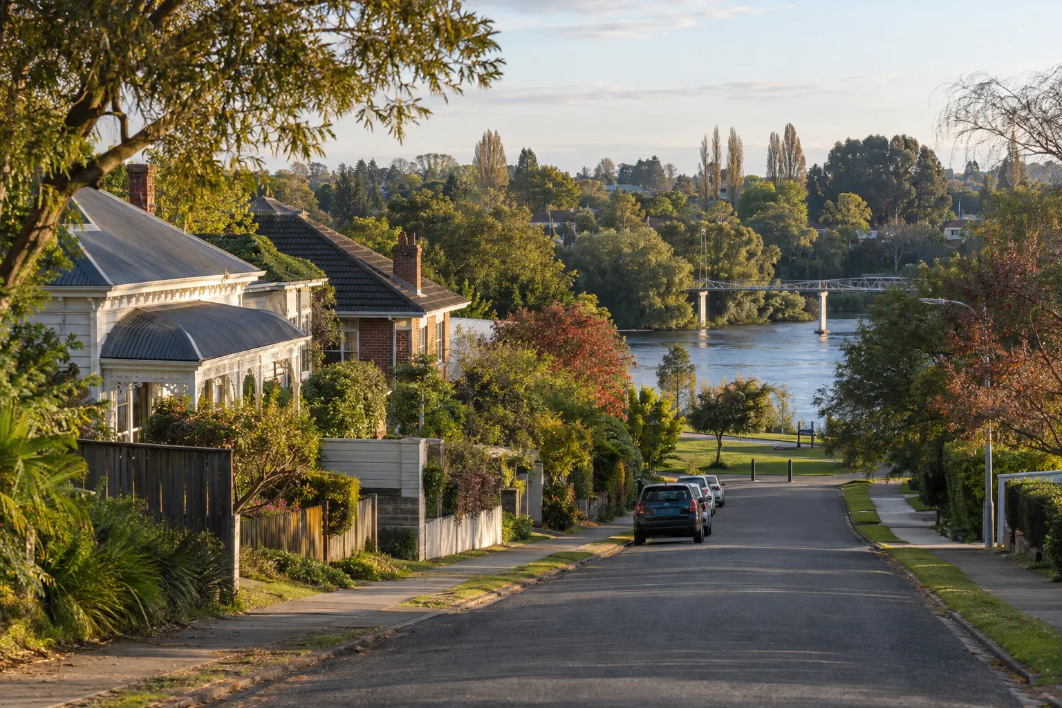 Villas and brick homes on a leafy Hamilton East street above the Waikato River