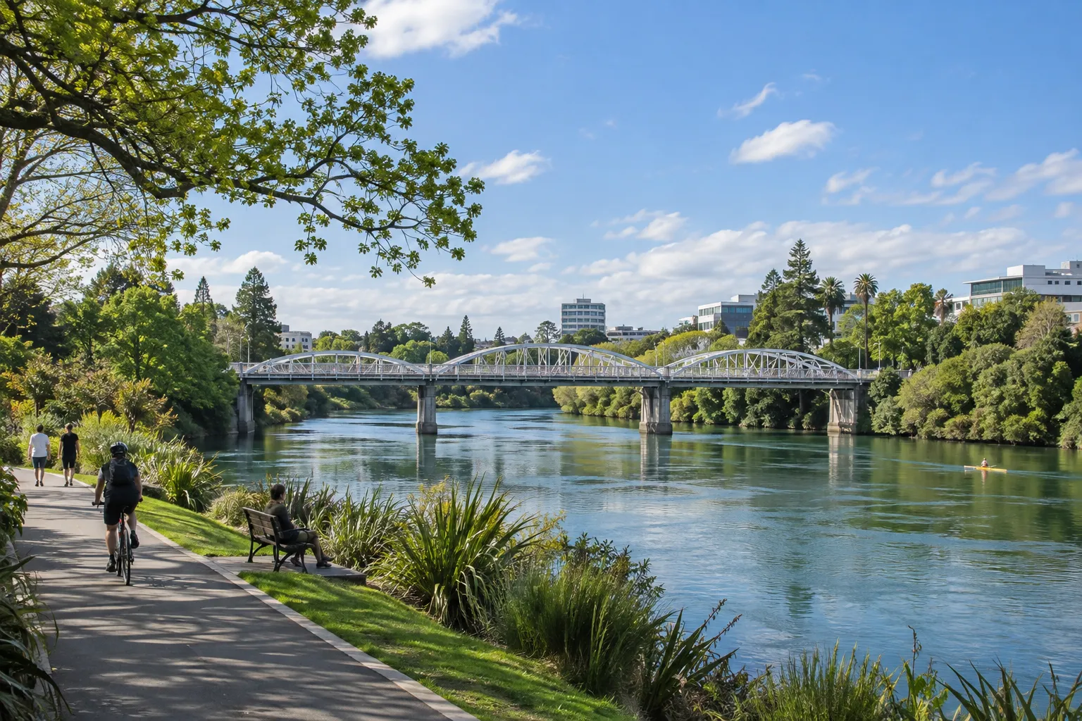 Waikato River walking path and Victoria Bridge in central Hamilton