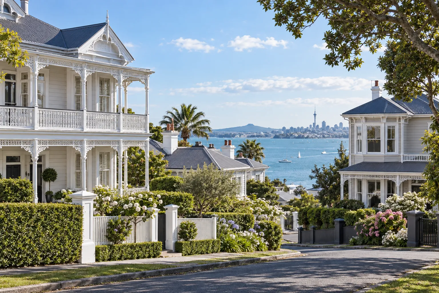 Grand white weatherboard villas and gardens overlooking Waitematā Harbour in Herne Bay