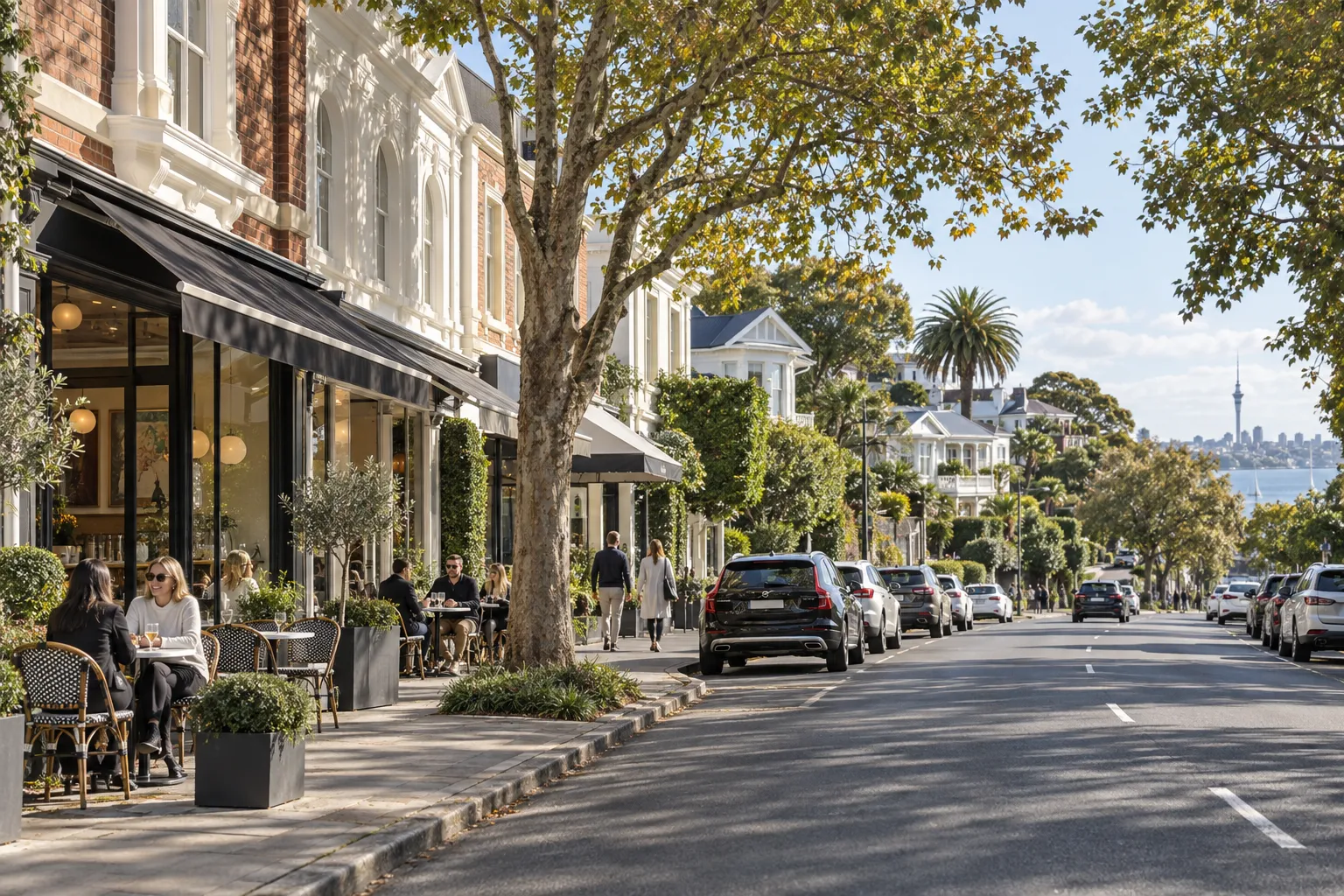 Cafes and heritage shopfronts along tree-lined Jervois Road in Herne Bay