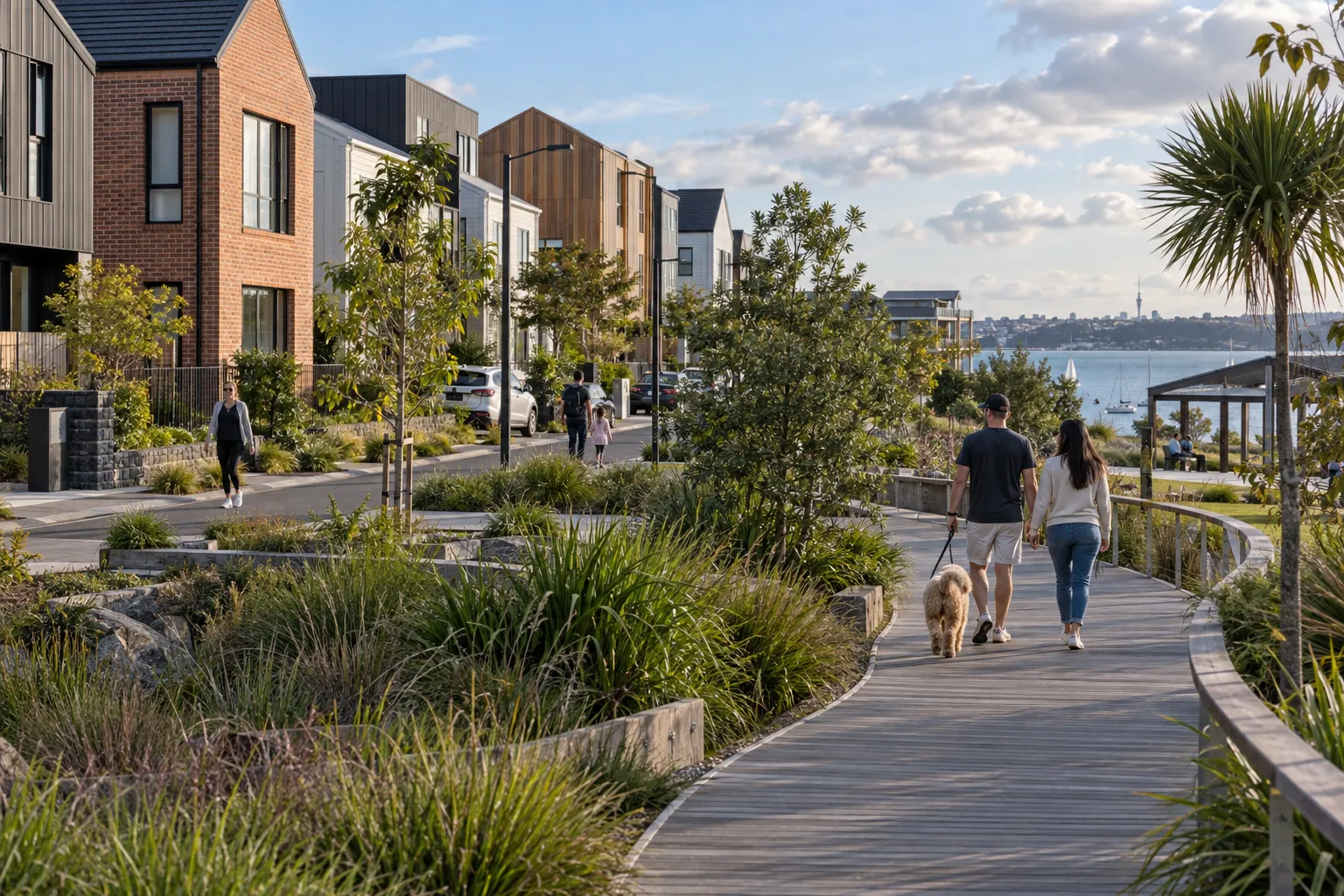 Contemporary Hobsonville Point homes beside a native-planted waterfront boardwalk