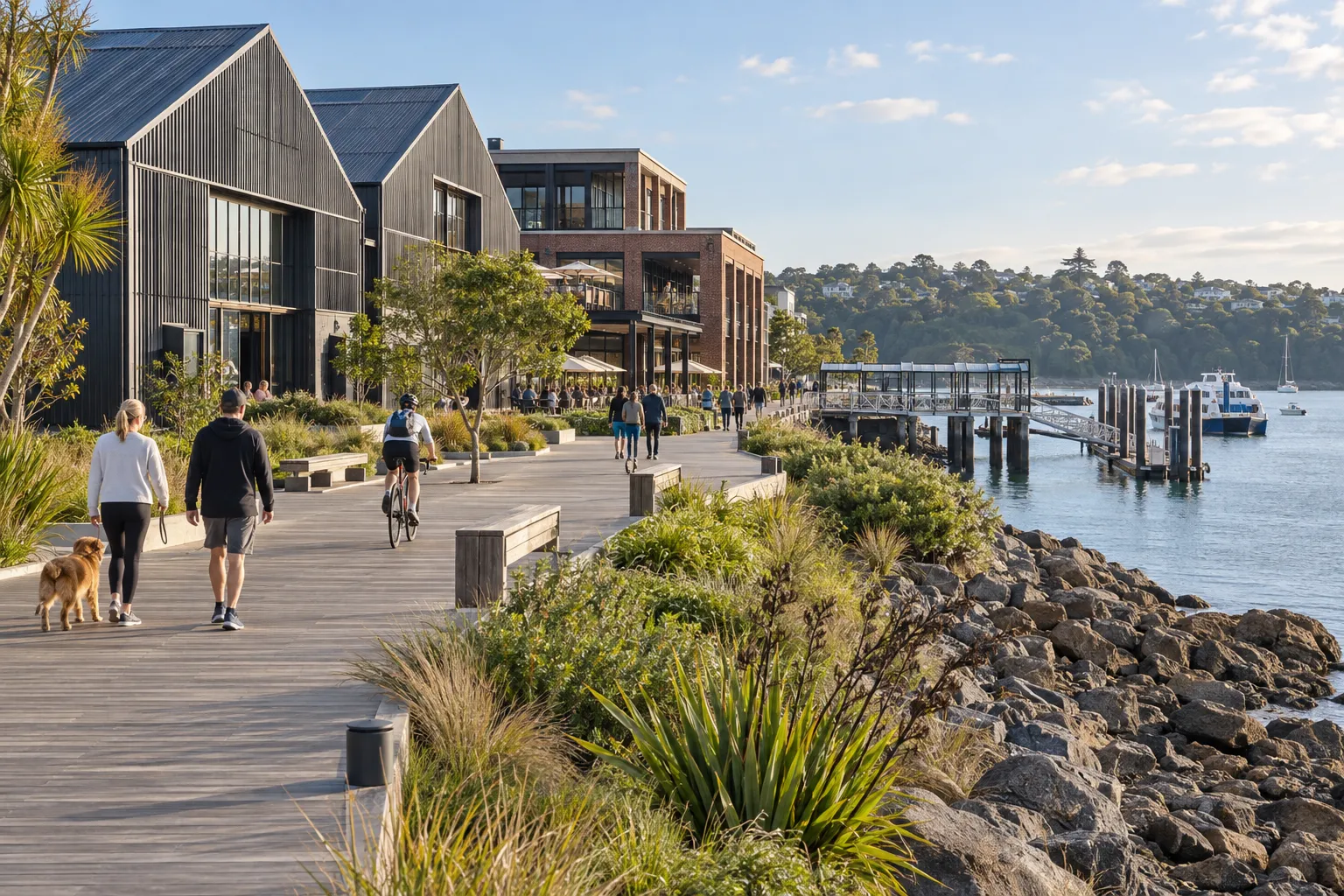 Catalina Bay boardwalk, heritage hangars and ferry pier at Hobsonville Point