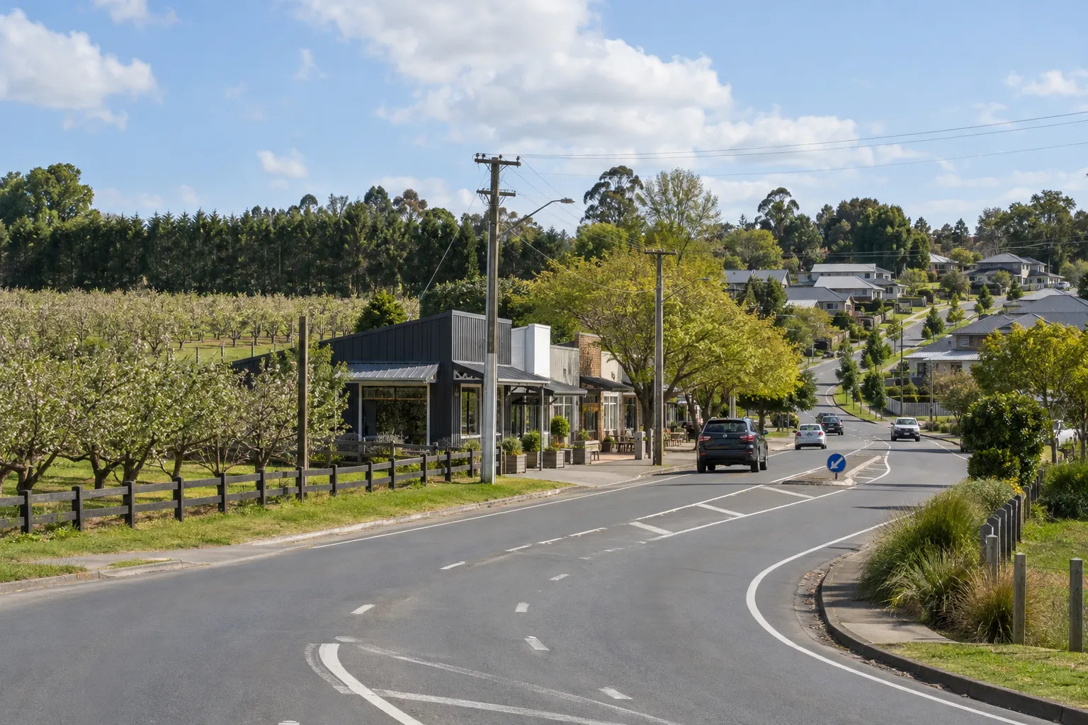 Huapai village edge where orchard rows meet new family neighbourhoods