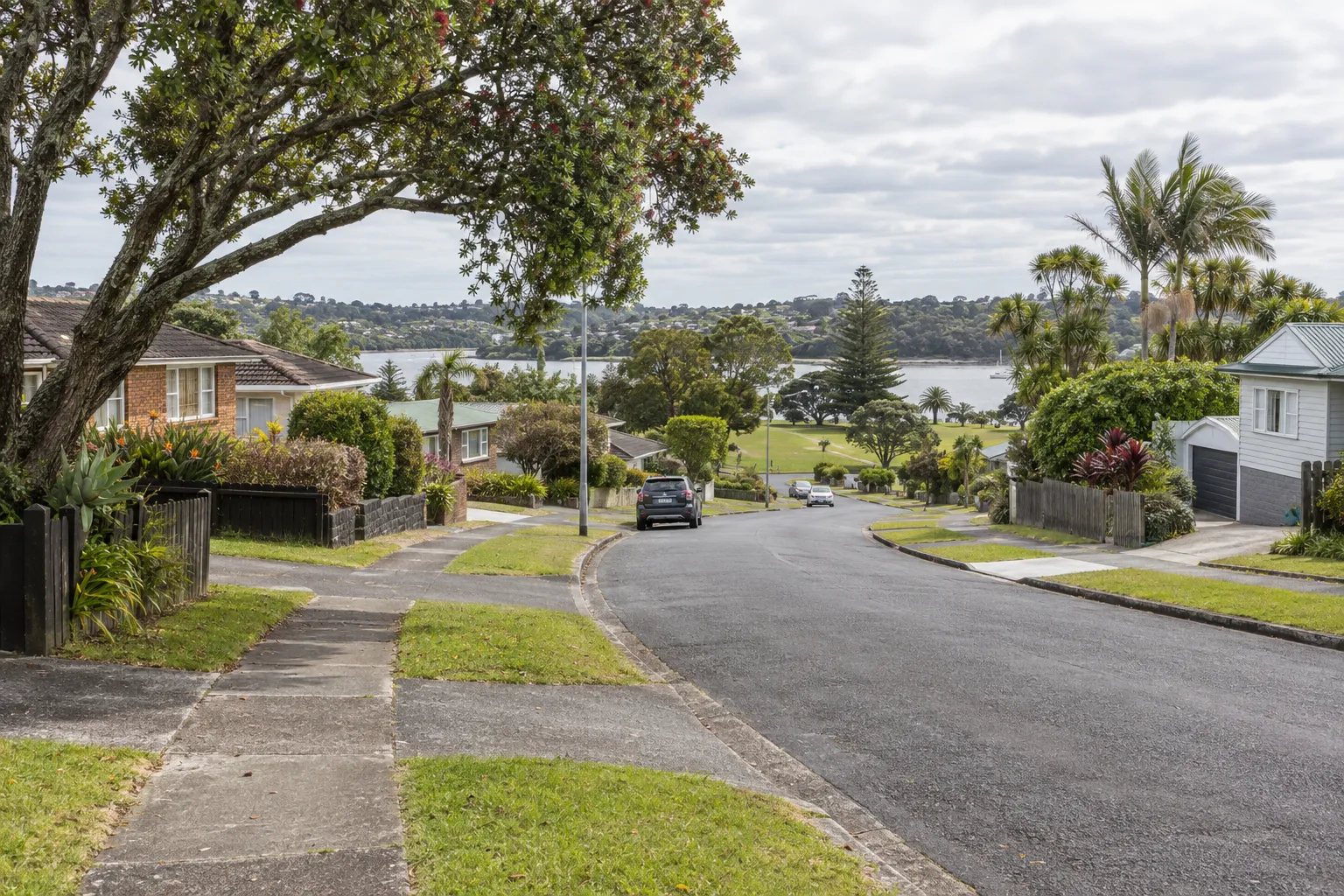 Mid-century Kelston homes on a curved street leading toward Archibald Park