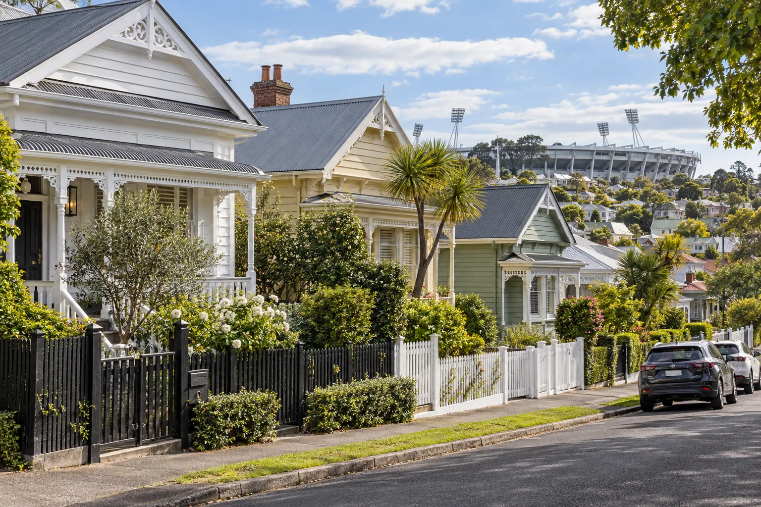 Early weatherboard villas on a Kingsland street with Eden Park rising beyond
