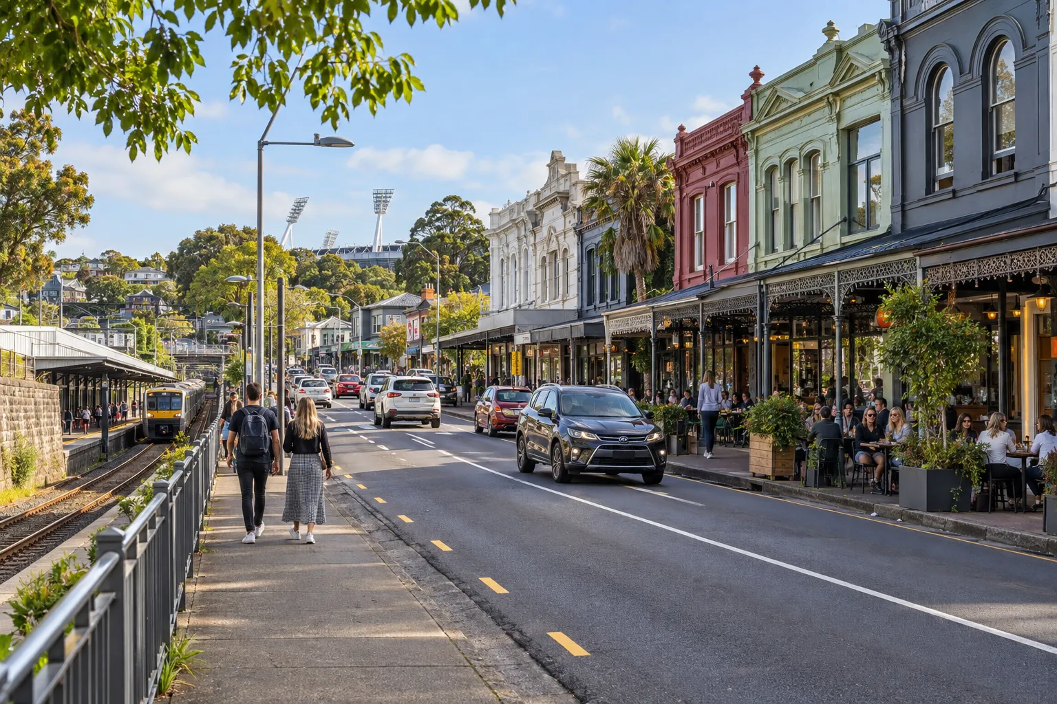 Kingsland village shops, train station and Eden Park beside New North Road