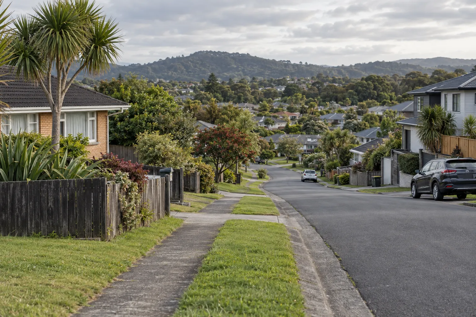 Mixed-era family homes on a rolling Massey street near the Waitākere foothills