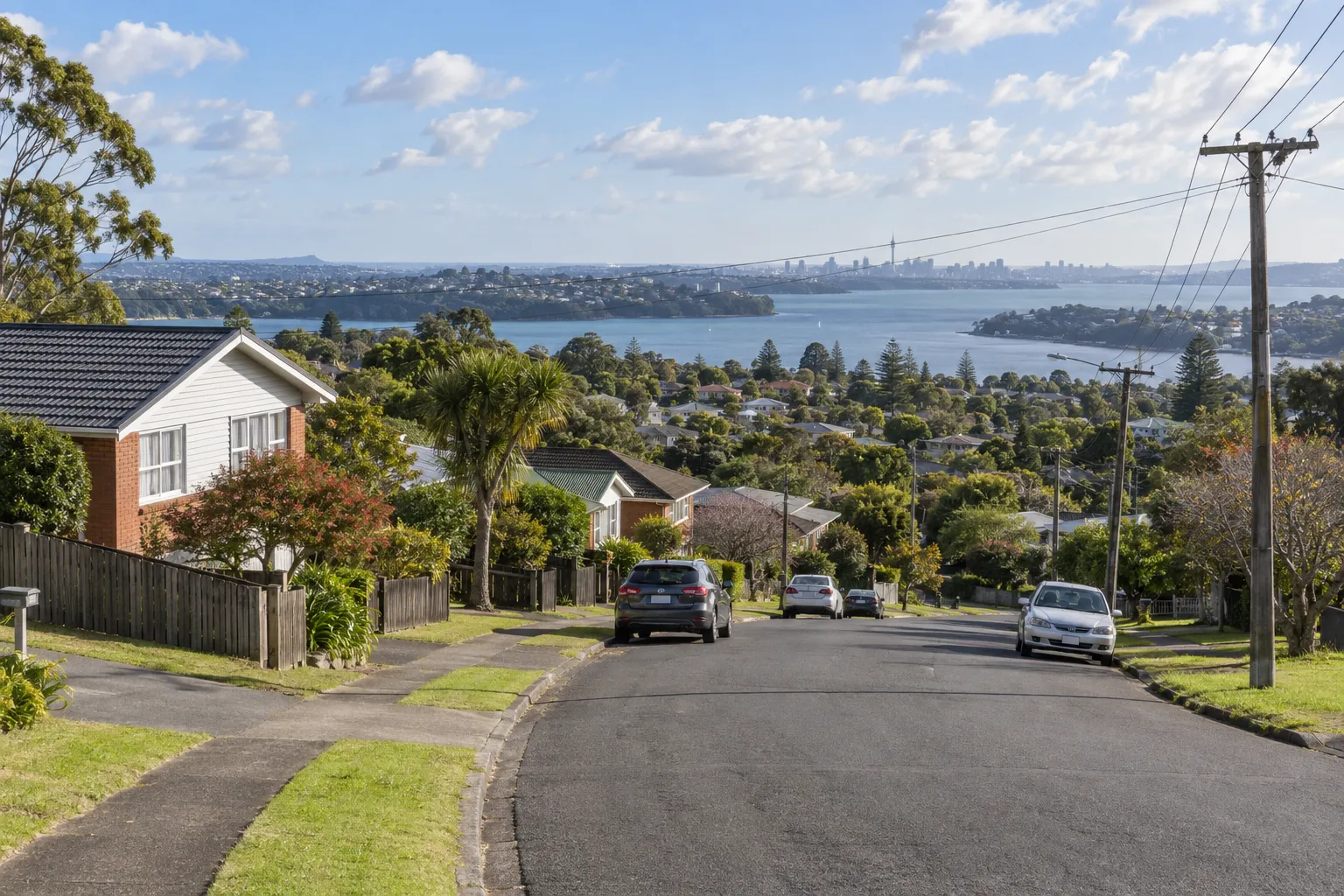 Established Massey homes on a hillside above the Upper Waitematā Harbour