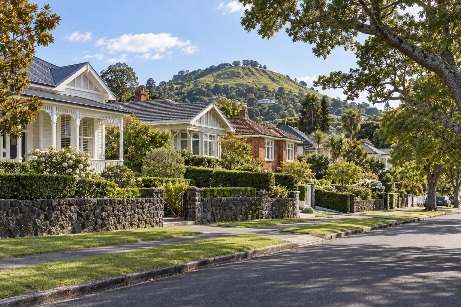 Villas, bungalows and volcanic-stone walls on a leafy Mt Albert street below Ōwairaka