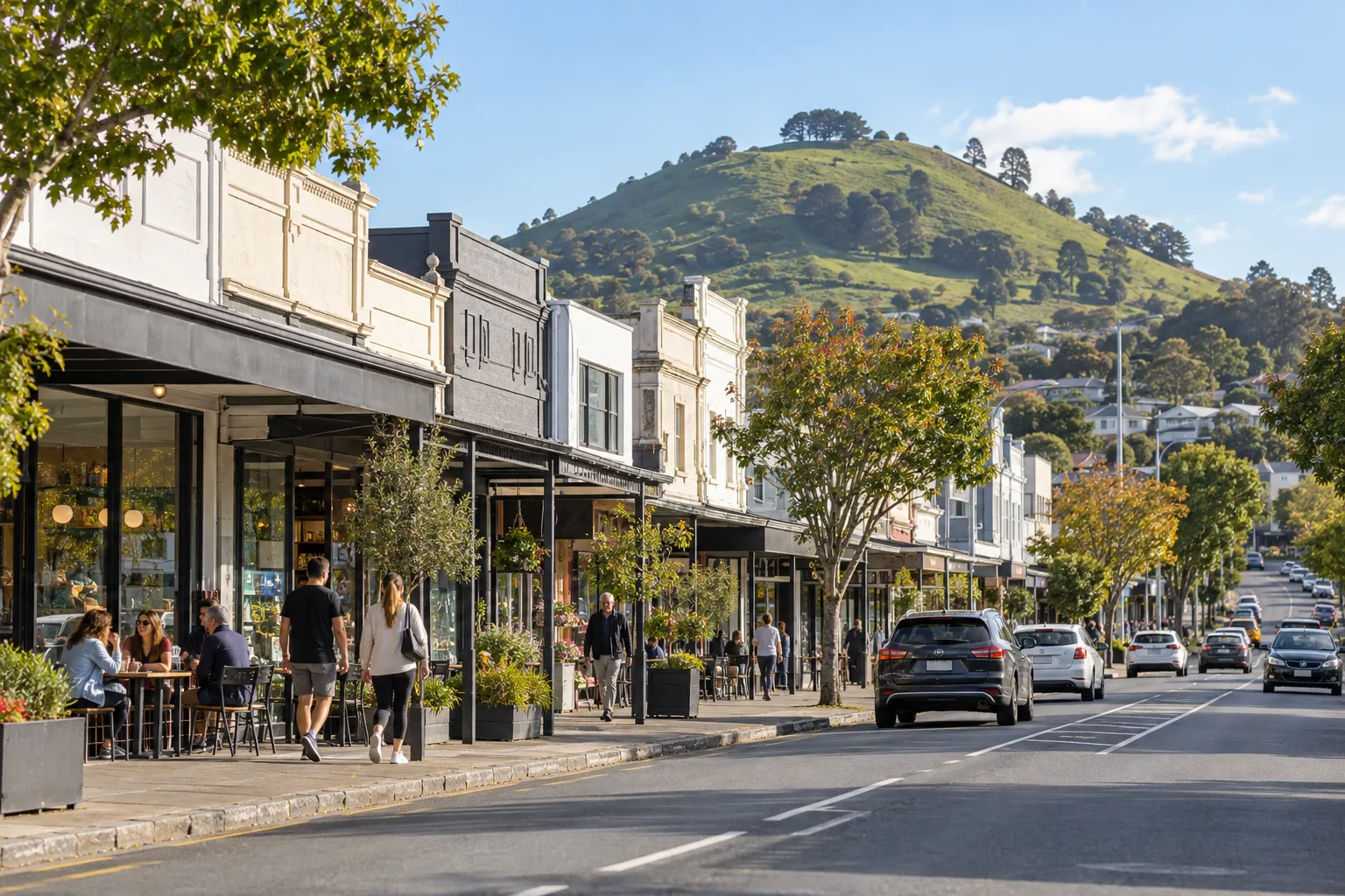 Mt Albert village shops and cafes below the green slopes of Ōwairaka