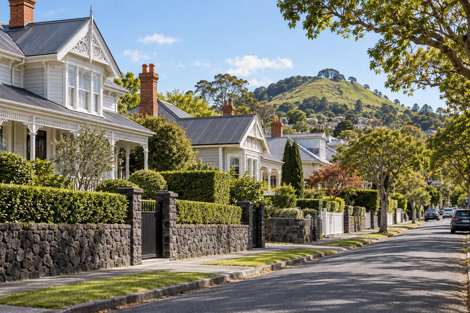 Character villas and volcanic-stone walls on a leafy Mt Eden street below Maungawhau