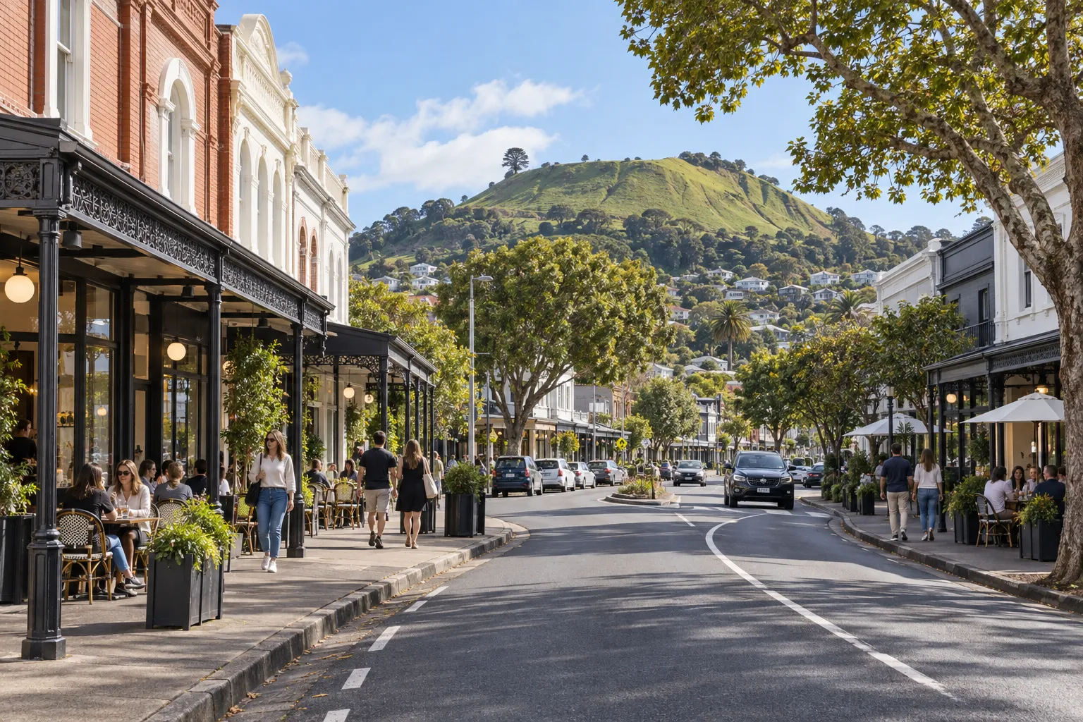 Mount Eden Village shopfronts and cafes beneath the green slopes of Maungawhau