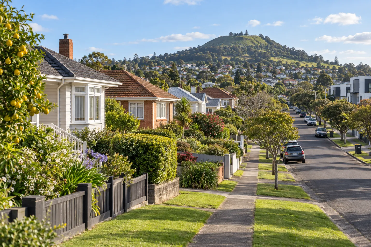 Post-war bungalows and newer townhouses on a Mt Roskill street below Puketāpapa