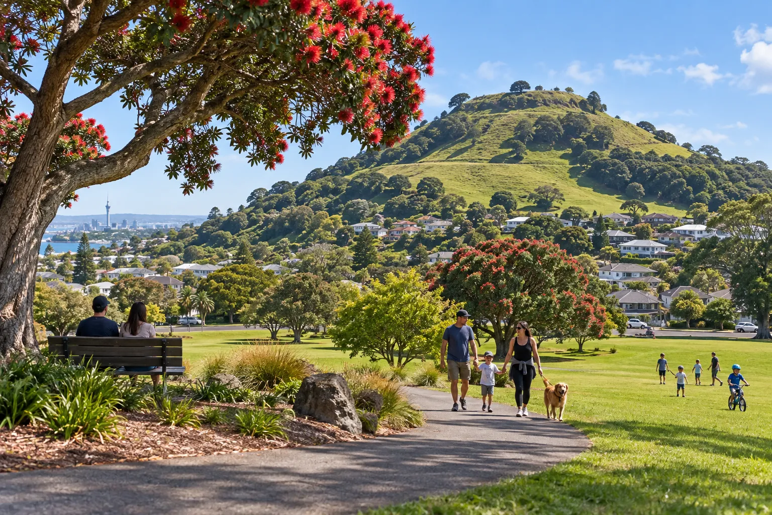 Families walking through a park beneath flowering pōhutukawa and Puketāpapa in Mt Roskill
