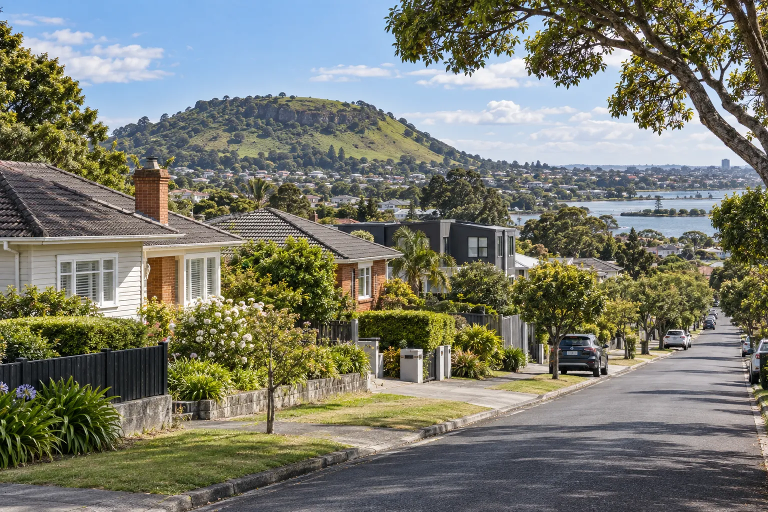 Weatherboard, brick and modern homes on a Mt Wellington street near Maungarei and Panmure Basin
