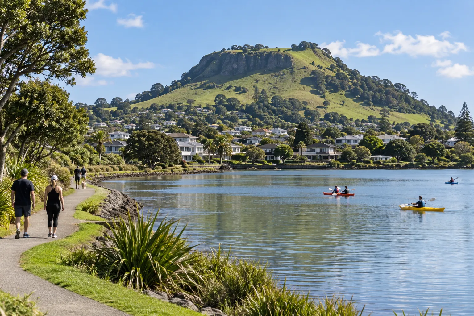 Walkers and kayakers around Panmure Basin below Maungarei in Mt Wellington