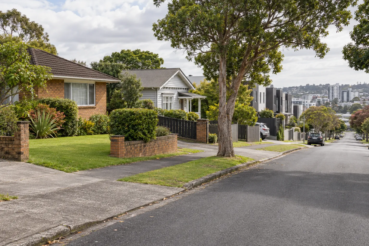 Brick, weatherboard and townhouse homes on a tree-lined New Lynn street