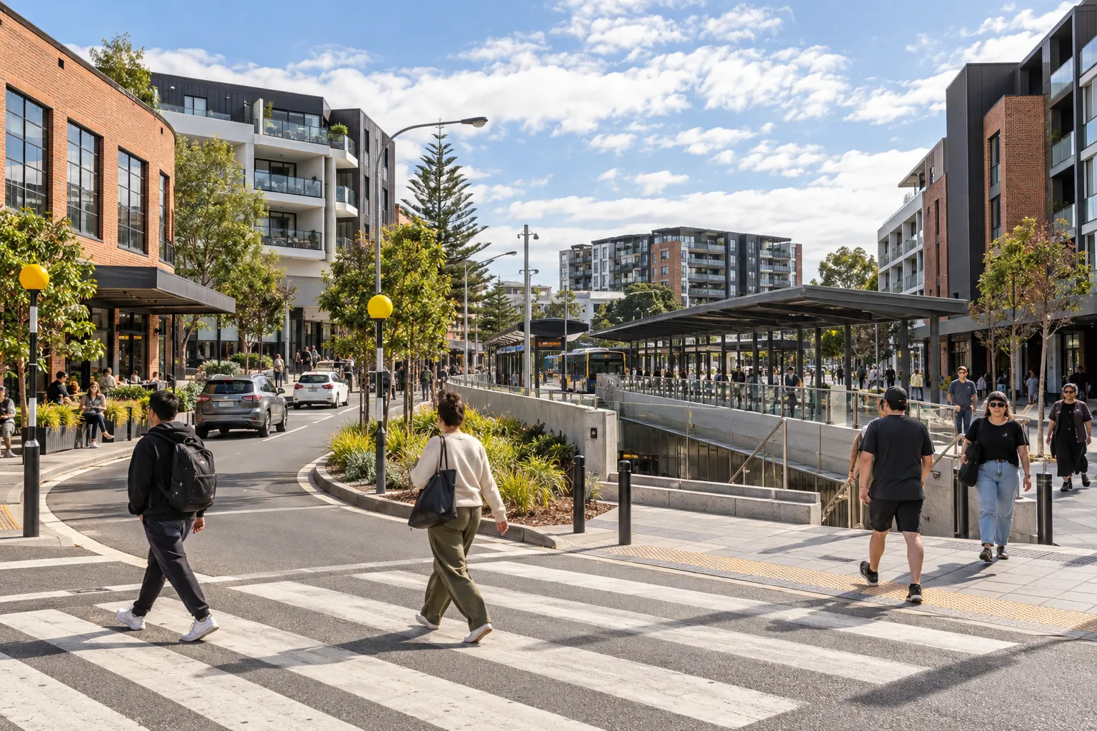Brick buildings, apartments and the rail interchange in New Lynn town centre