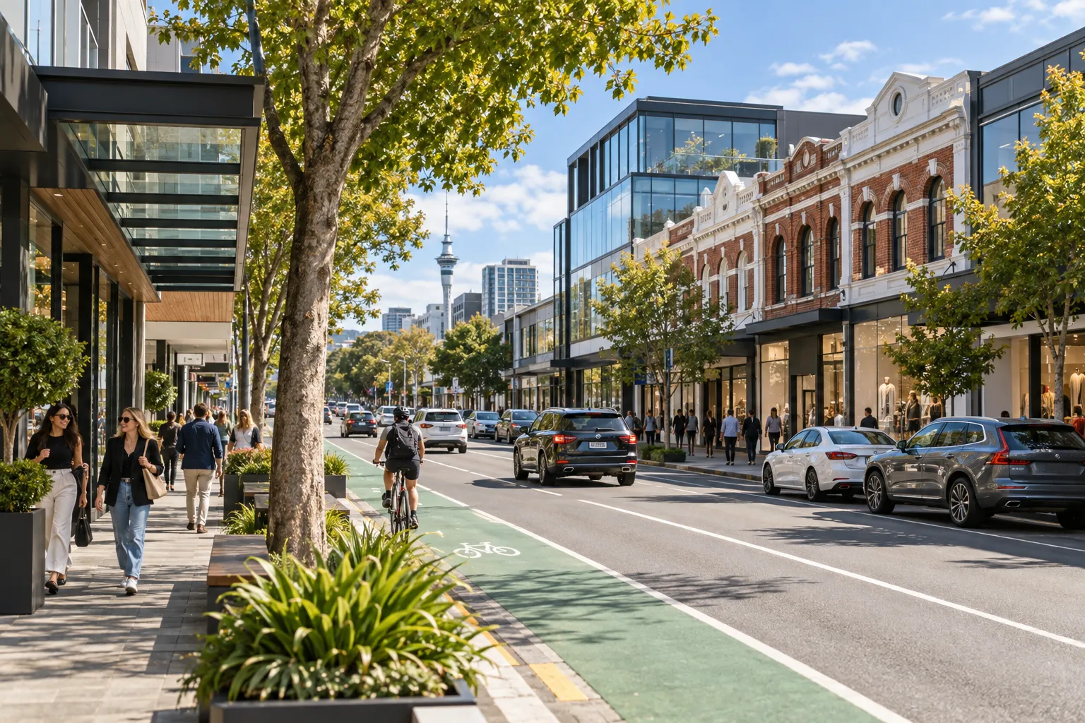 Broadway in Newmarket with heritage shopfronts, modern retail buildings and a separated cycle lane