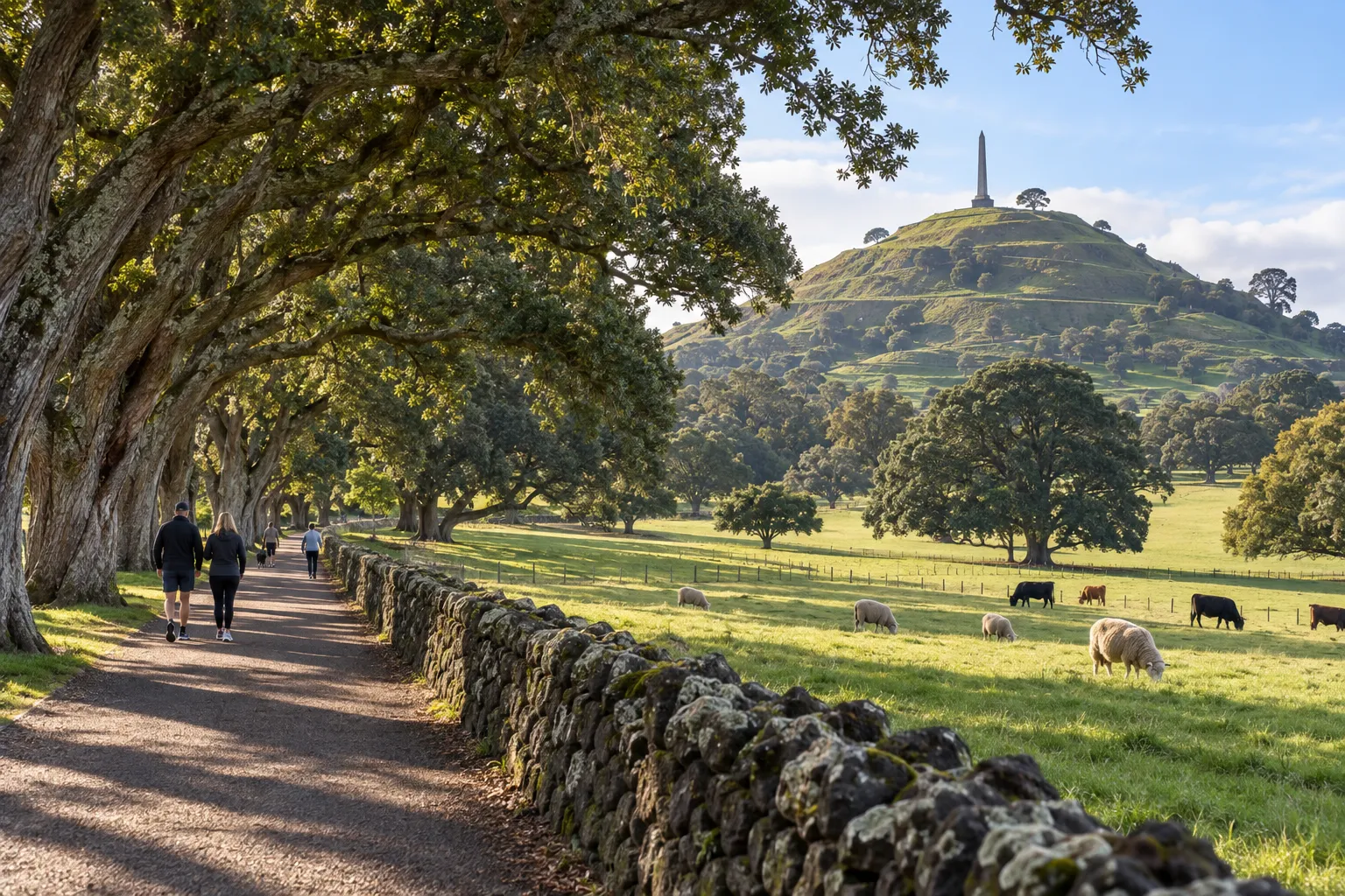 Walkers, sheep and cattle along a volcanic-stone wall beneath Maungakiekie in Cornwall Park