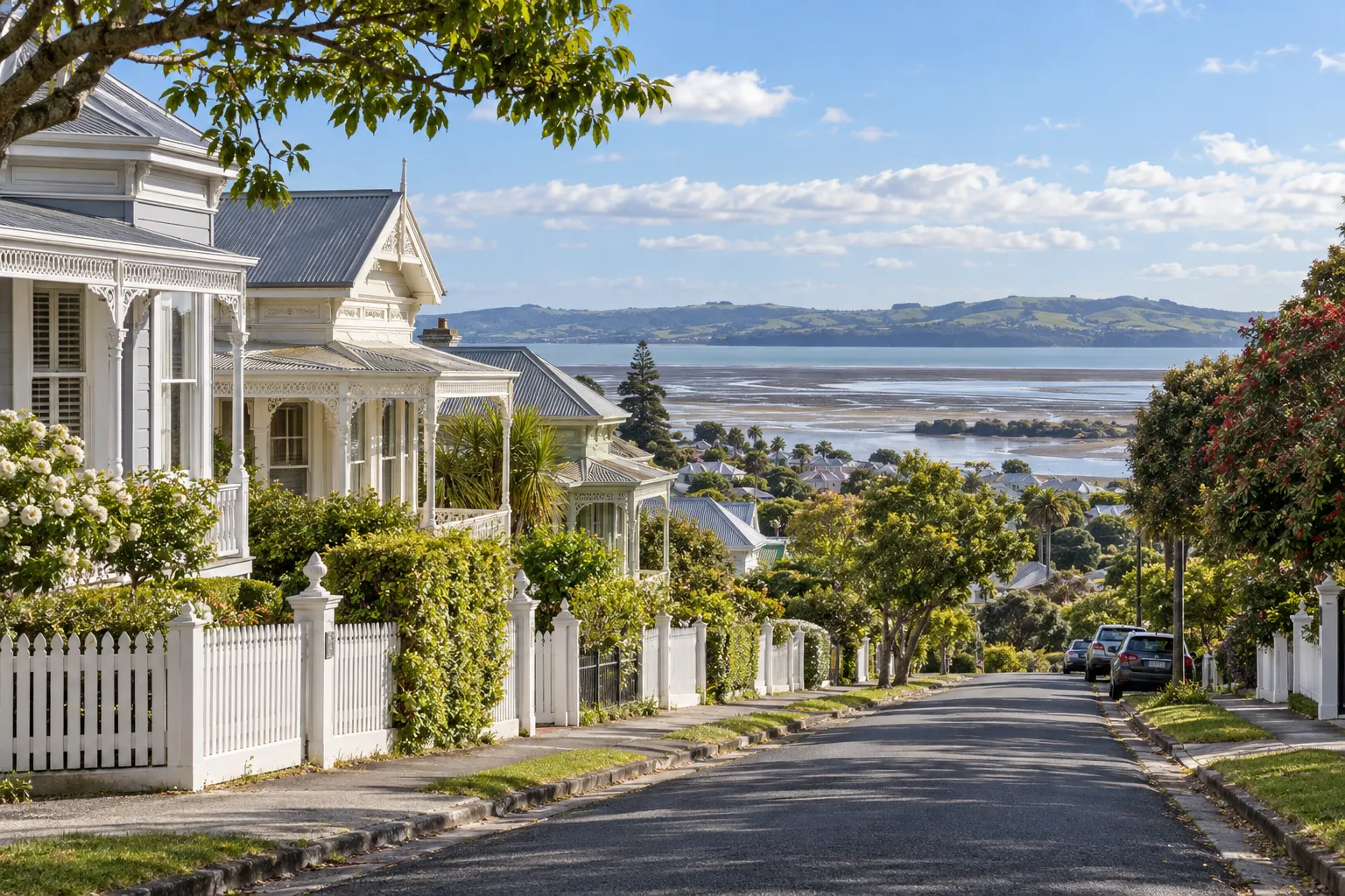 Victorian villas on a Onehunga street overlooking Manukau Harbour and its tidal flats