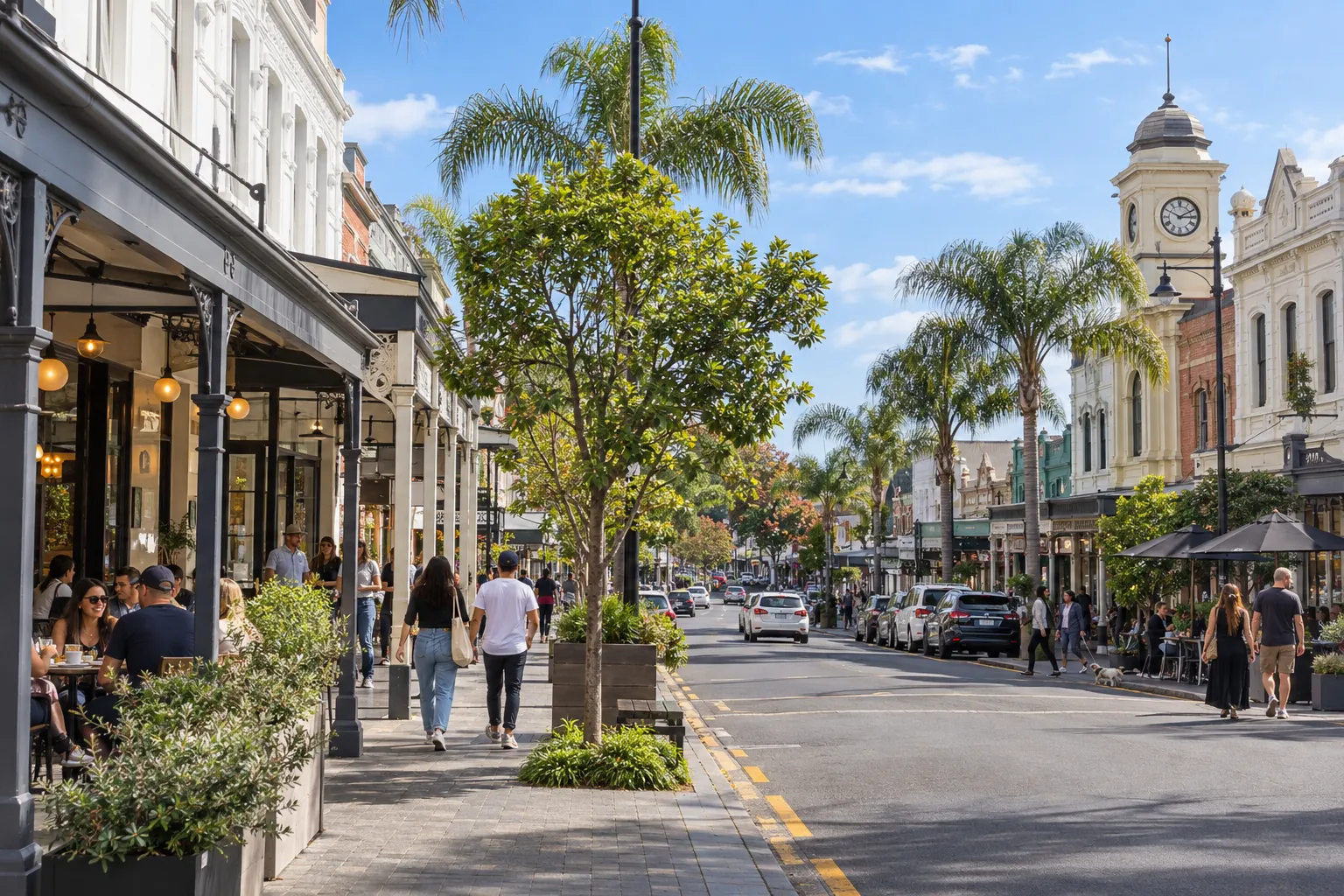 Heritage shopfronts, cafes and the historic clock tower along Onehunga Mall