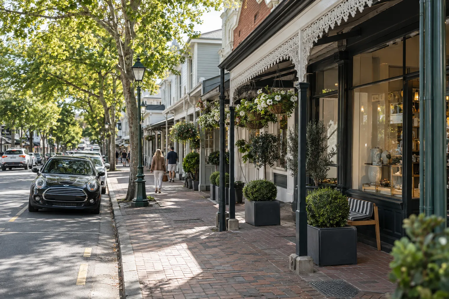 Heritage shopfronts, brick paving and leafy footpaths along Parnell Road in Auckland