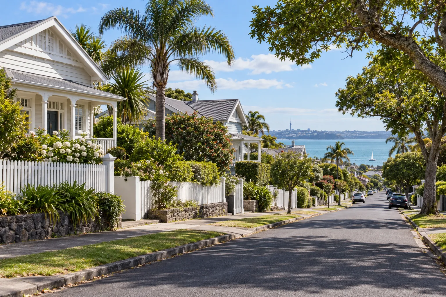 1920s weatherboard bungalows on a leafy Point Chevalier street overlooking Waitematā Harbour