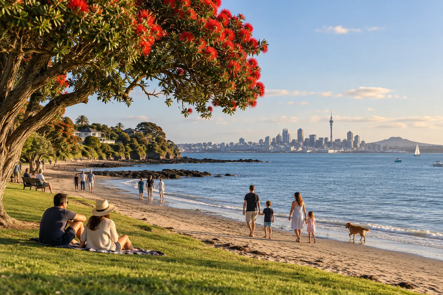 Families beneath flowering pōhutukawa at Point Chevalier Beach with the Auckland skyline across the water