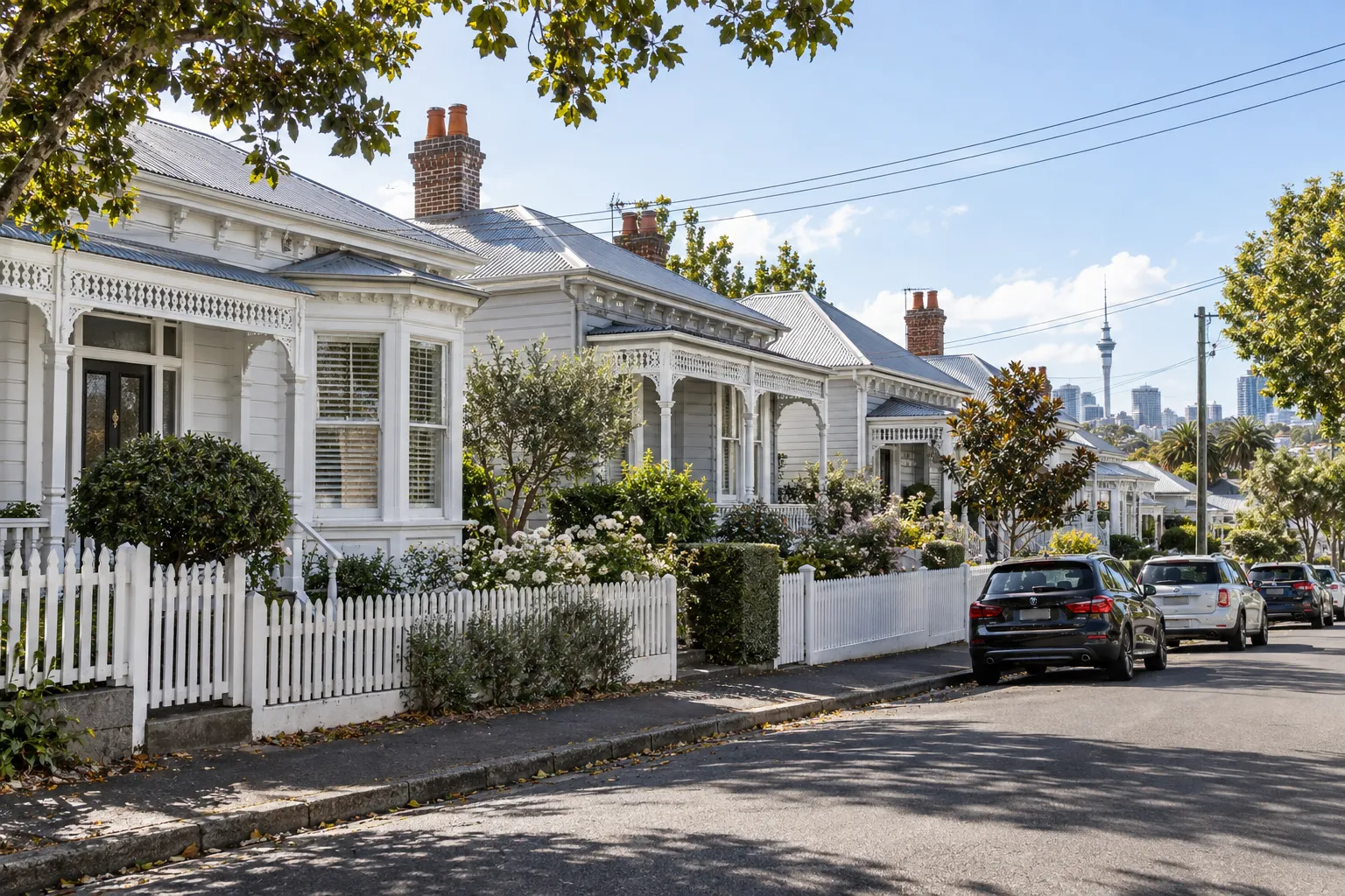 White Victorian villas with ornate verandahs and picket fences on a leafy Ponsonby street